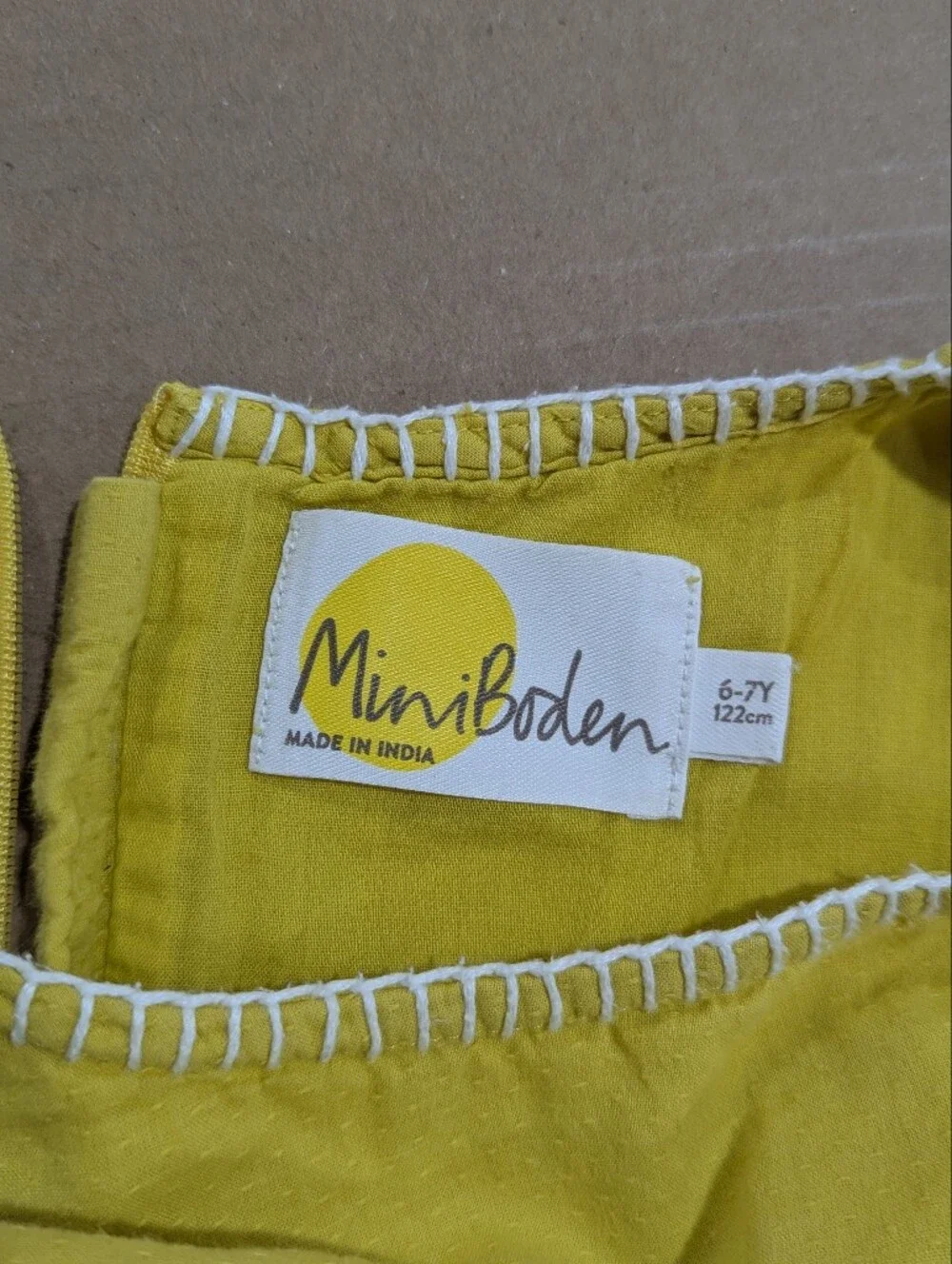 Mini Boden Girls Dress Golden Yellow Blue Flowers White Embroidery Sz 6-7Y 122cm